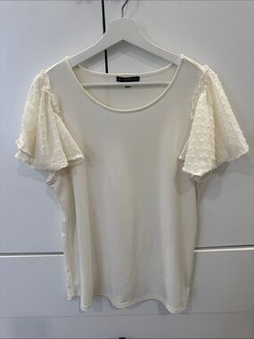 Adrianna Papell Swiss Dot Ruffle Knit Top- Cream- Size M